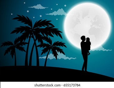 Happy Father's Day, silhouette of a father holding Daughter. Vector illustration