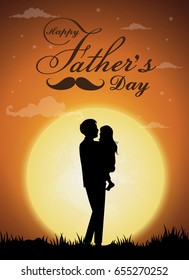 Happy Father's Day, silhouette of a father holding Daughter.full moon background.Vector illustration