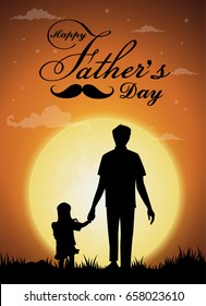 Happy Father's Day, silhouette of a father holding Daughter.full moon background.Vector illustration