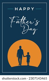 Happy Father's Day simple and minimal flyer banner design illustration. Son with his father in sun background. Father and kid silhouette. 