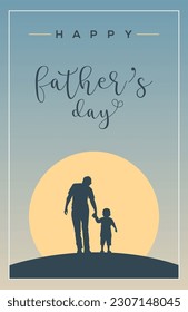 Happy Fathers Day simple and minimal flyer banner design illustration. Son with his father in sun background. Father and kid silhouette. 