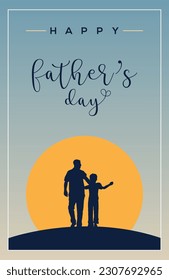 Happy Fathers Day simple and minimal flyer banner design illustration. Son with his father in sun background. Father and kid silhouette. 