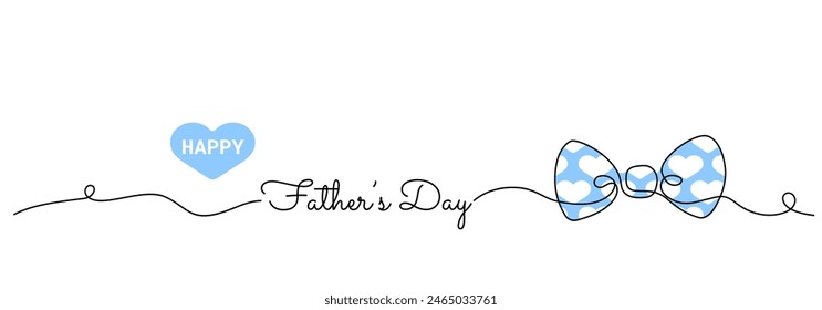 Happy Father's Day single continuous line banner with bow tie, hearts and lettering style text. Dad holiday greeting card background.