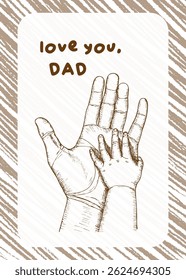 Happy Father's Day sketch outline illustration for greeting card design. The child holds his father's hand drawing in engraving style. Hand drawn vector line art
