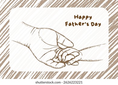 Happy Father's Day sketch outline illustration for greeting card design. The child holds his father's hand drawing in engraving style. Hand drawn vector line art