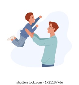 Happy father's day. Smiling dad holding son. Joyful father playing with his little kid. Vector illustration in a flat style