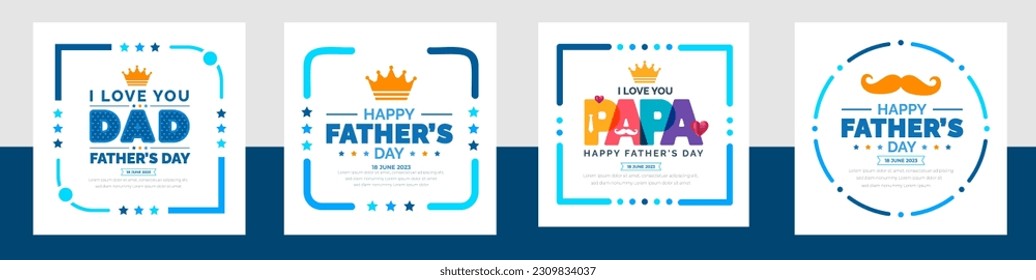 feliz Día del Padre en los medios sociales post felicitaciones, banner, antecedentes y plantillas de diseño de afiches celebran en junio. Fondo o cartel del Día del Padre con corbata de cuello, gafas, sombrero y caja de regalo. 