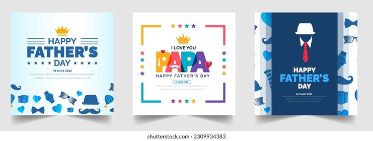 happy Father's Day social media post greetings, banner,  background and poster design template celebrate in june. Father's Day background or banner with necktie, glasses, hat, and gift box. 