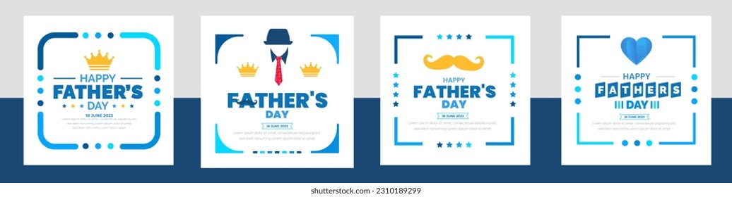 happy Father's Day social media post greetings, banner, background and poster design template celebrate in june. Father's Day background or banner with necktie, glasses, hat, and gift box. 