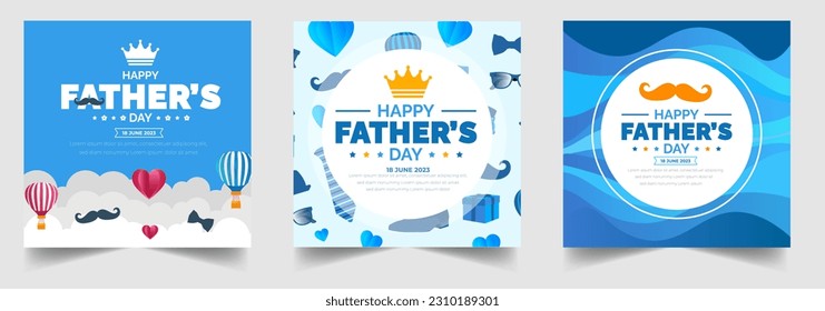 feliz Día del Padre en los medios sociales post felicitaciones, banner, antecedentes y plantillas de diseño de afiches celebran en junio. Fondo o cartel del Día del Padre con corbata de cuello, gafas, sombrero y caja de regalo. 