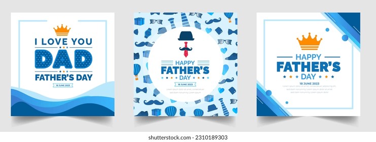 happy Father's Day social media post greetings, banner, background and poster design template celebrate in june. Father's Day background or banner with necktie, glasses, hat, and gift box. 