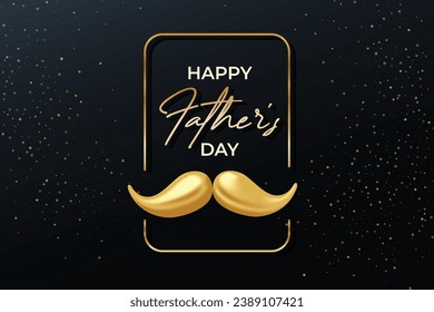 Happy father's day social media greetings card post template design with realistic golden mustache in dark elegant black background