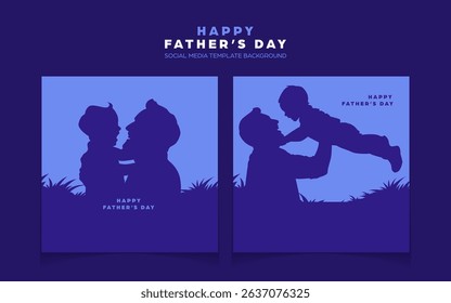 Happy father's day social media template background, square banner of a silhouette father playing with his daughter for greeting card