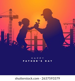 Happy father's day social media template background, square banner of a silhouette construction worker construction worker receives flowers from his daughter