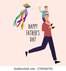 Happy father's day.  Son and father play and fly a kite.  Vector hand drawn illustration.