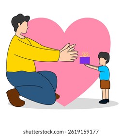 Happy Father's day. Son give a gift box to father with love. Vector illustration design.