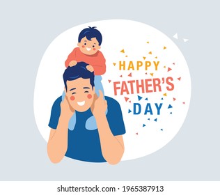 Happy Father's Day, Son on his father shoulders. Vector illustration.