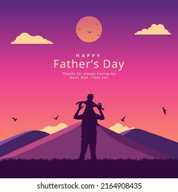 Happy Father's Day with Son riding his father's neck. Silhouette mountain background vector illustration