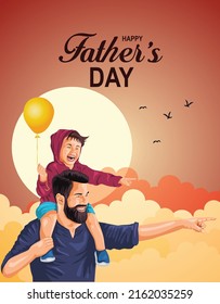 happy fathers day Son sitting his dad shoulders   hands holding balloon  celebration concept  vector illustration design