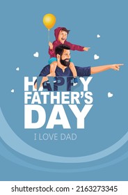 happy fathers day Son sitting on his dad shoulders and hands holding balloon. celebration concept. vector illustration design