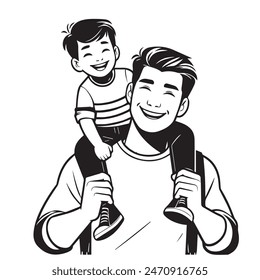 Happy father-s day. The son is sitting on the father's shoulders. Vector illustration