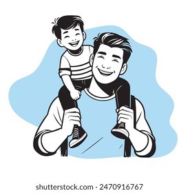 Happy father-s day. The son is sitting on the father's shoulders. Vector illustration