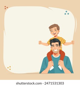 Happy father-s day. The son is sitting on the father's shoulders in flat style. Vector illustration