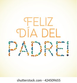 Happy fathers day Spanish card. Cars and Motorbike on White Background.