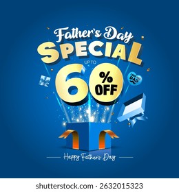 Happy Father's Day. Fathers Day special discount, offer, deals, and sales promotion concept design with gift box.