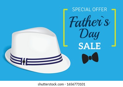 Happy father`s day special offer card.  Fathers day sale calligraphic with white hat.