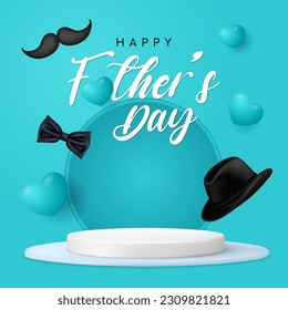 Happy Father's Day special podium background design. 3D hearts and objects on a blue background.