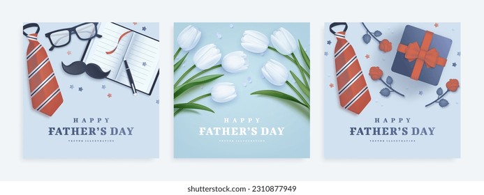 Happy father's day square banner or greeting card template with realistic glasses, moustache and roses. Vector illustration