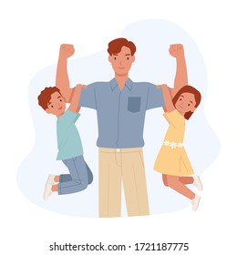 Happy Father's Day. Strong Dad With His Son And Daughter Hang On His Arms. Vector Illustration In A Flat Style