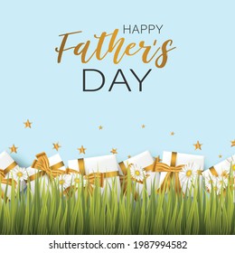 Happy Fathers Day. Summer holiday banner background with lettering and presents in green grass. Vector illustration.