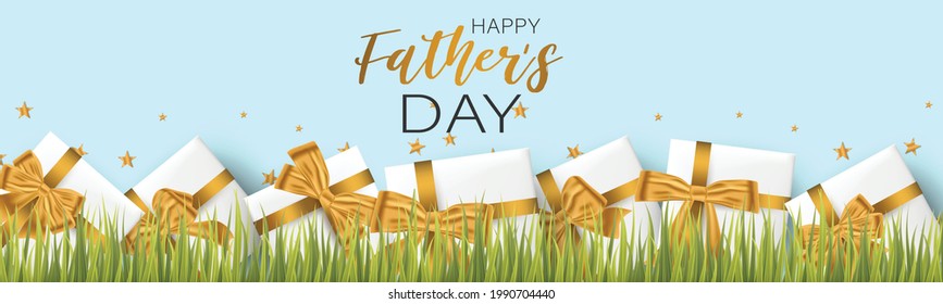 Happy Fathers Day. Summer holiday banner background with lettering and presents in green grass. Vector illustration.