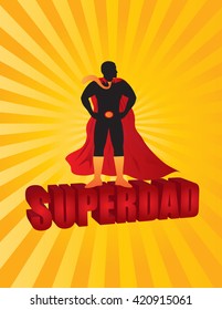 Happy Father's Day Super Dad 3D Text Superhero Silhouette Outline Color on Sun Rays Background Vector Illustration