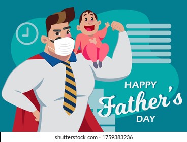 Happy father's day, Superhero dad with medical mask and son during coronavirus pandemic, vector illustration