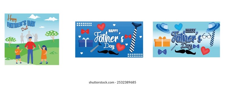 Feliz Día del Padre padre padre superhéroe e hijos. Cartel del día del padre con corbata y caja de regalo sobre fondo azul. Saludos y regalos para el Día del Padre en estilo laico. Conjunto de ilustración moderna de Vector plano 