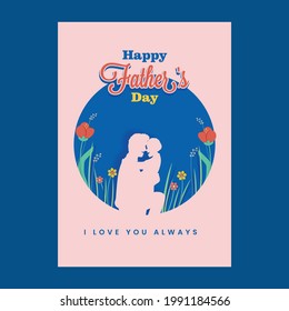 Happy Father's Day Template Design With Paper Cut Man Hugging His Son On Floral Blue And Pink Background.