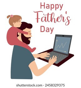 Happy Father's Day template design Little daughter sits on daddy's neck and covers his eyes Flat style