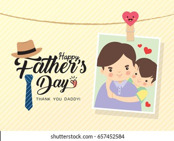 Happy Father's Day template design. Photo of cartoon father and son hugging together. Photo frame with pin and father's day greetings lettering decorated with hat, necktie. Vector illustration.