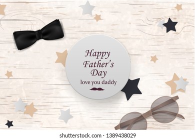 Happy Fathers Day template greeting card. Fathers day Banner, flyer, invitation, congratulation or poster design. Father's day concept. Design with black bow tie, glasses on wooden background. vector.