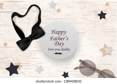 Happy Fathers Day template greeting card. Fathers day Banner, flyer, invitation, congratulation or poster design. Father's day concept. Design with black bow tie, glasses on wooden background. vector.