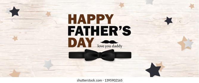 Happy Fathers Day template greeting card. Fathers day Banner, flyer, invitation, congratulation or poster design. Father's day concept. Design with black bow tie, glasses on wooden background. vector.