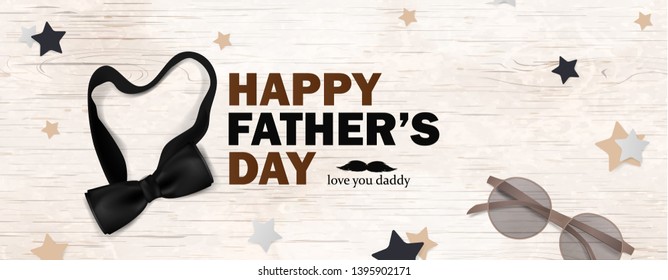 Happy Fathers Day template greeting card. Fathers day Banner, flyer, invitation, congratulation or poster design. Father's day concept. Design with black bow tie, glasses on wooden background. vector.