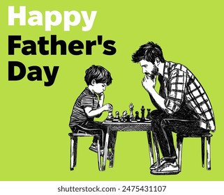 Happy Father's Day template poster design with dad and son play chess hand drawn sketch line art detailed vector illustration trendy green background