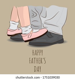 Happy Father's Day text card with father and daughter dancing while standing on his feet