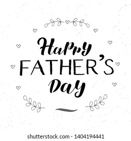 Happy Father`s day text as celebration badge, tag, icon. Greeting card, banner, poster. Vector illustration with handdrawn hearts and leaves. 