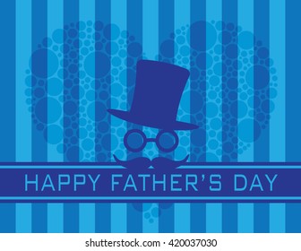 Happy Father's Day Text Hat Glasses Mustache with Polka Dots Heart on Blue Stripes Pattern Background Vector Illustration
