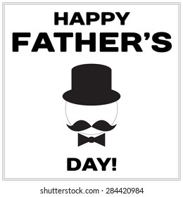 Happy Father's Day text illustration with mustache, butterfly tie and tile hat. Black minimalistic design elements for congratulations card. Vector illustration EPS10.